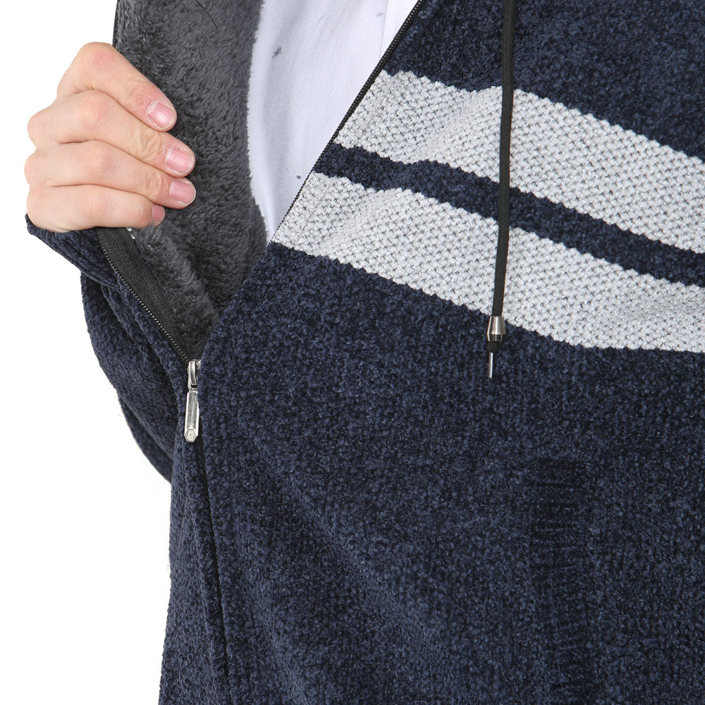 'Brannigan' Full ZIP Fleece Lined Cardigan - Navy/Silver Stripe - Brooklyndirect