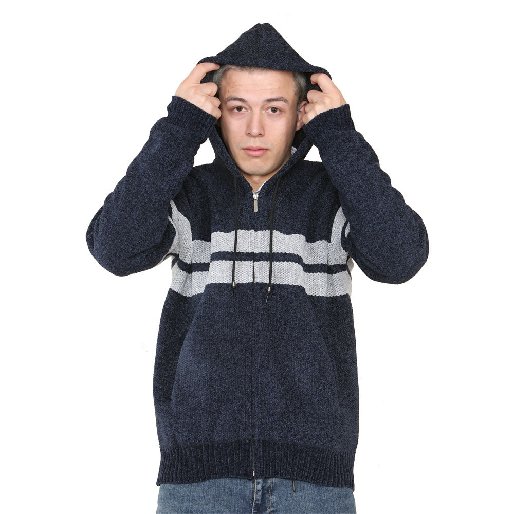 'Brannigan' Full ZIP Fleece Lined Cardigan - Navy/Silver Stripe - Brooklyndirect