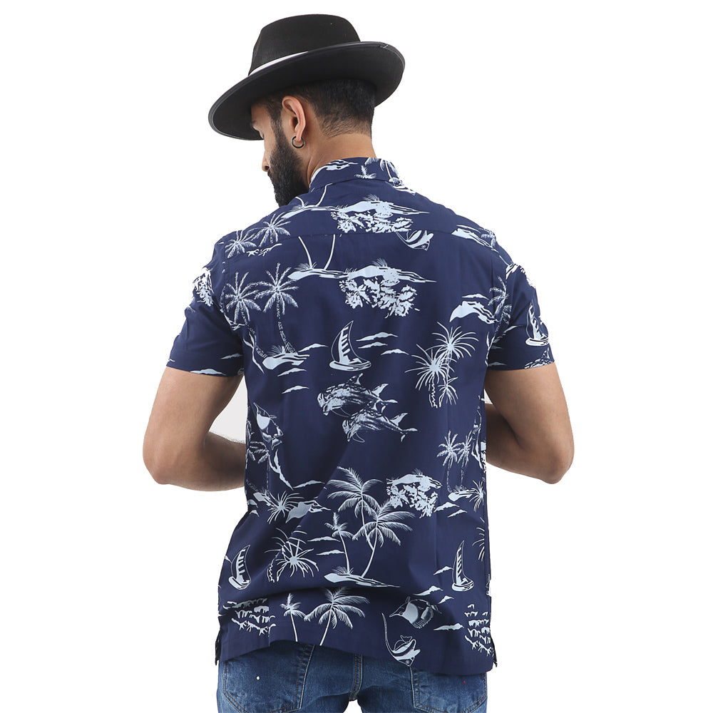 Hawaiian Button Down Casual Shirt - Dolphin Navy - Brooklyndirect