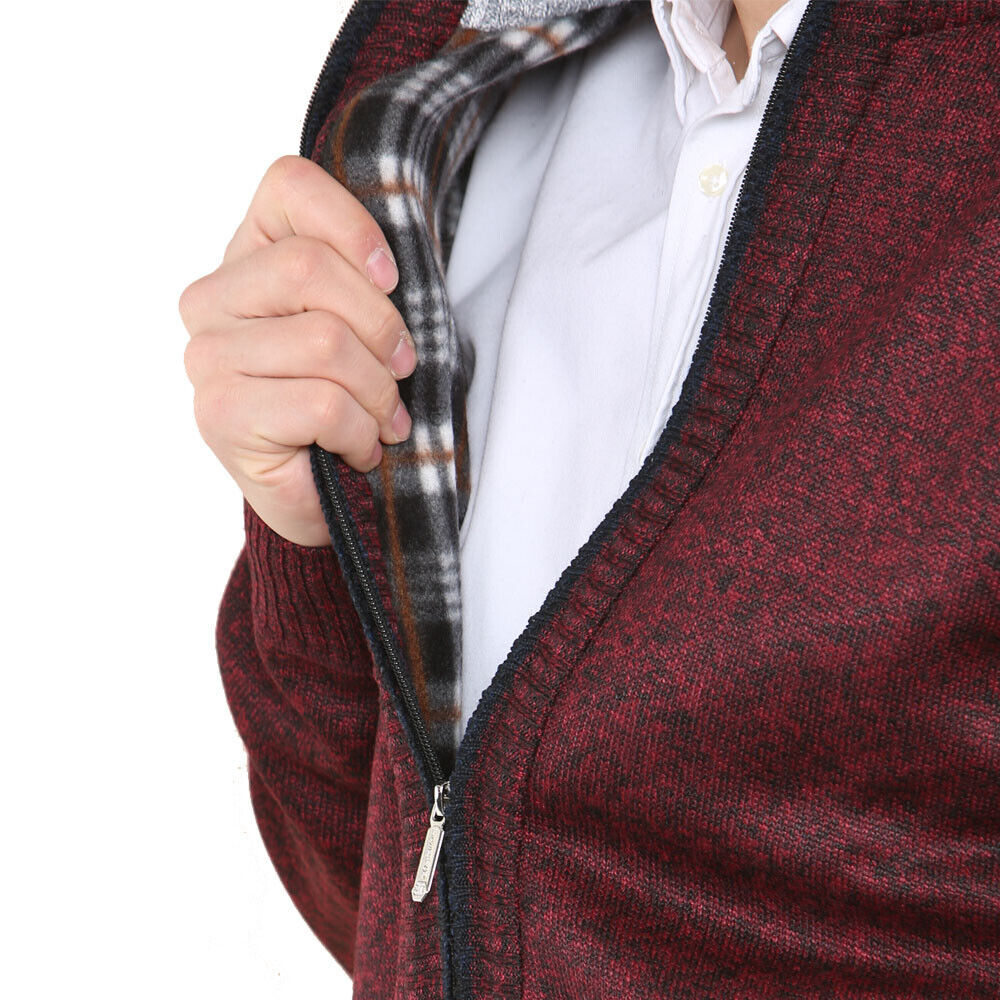 'Brae' Full ZIP Checkered Fleece Lined Plain Cardigan - Burgundy Marl - Brooklyndirect