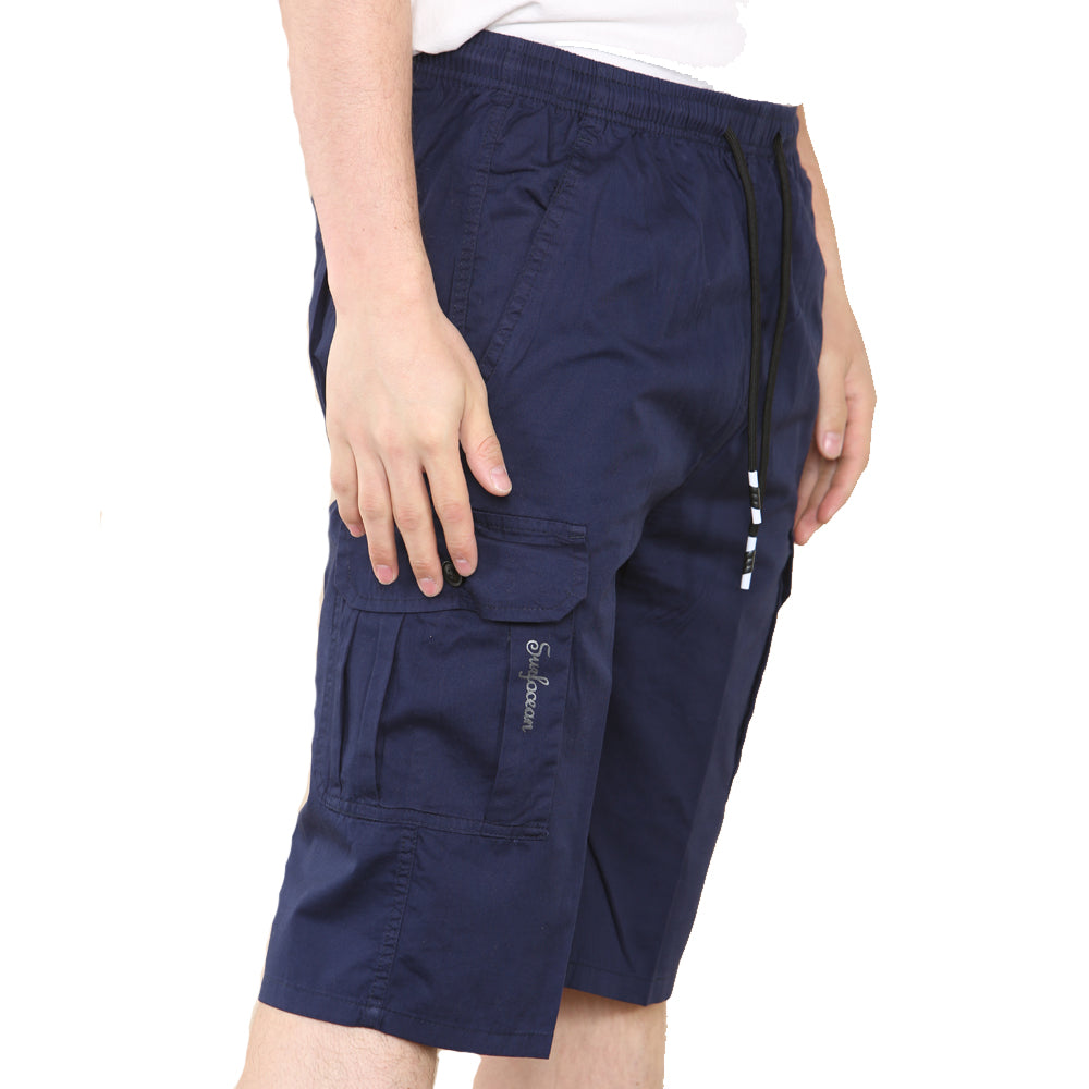 mens classic style cargo shorts with side pockets and drawstring waist - navy