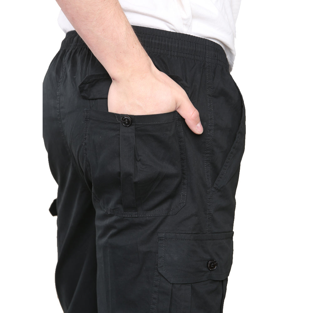 mens classic style cargo shorts with side pockets and drawstring waist - black