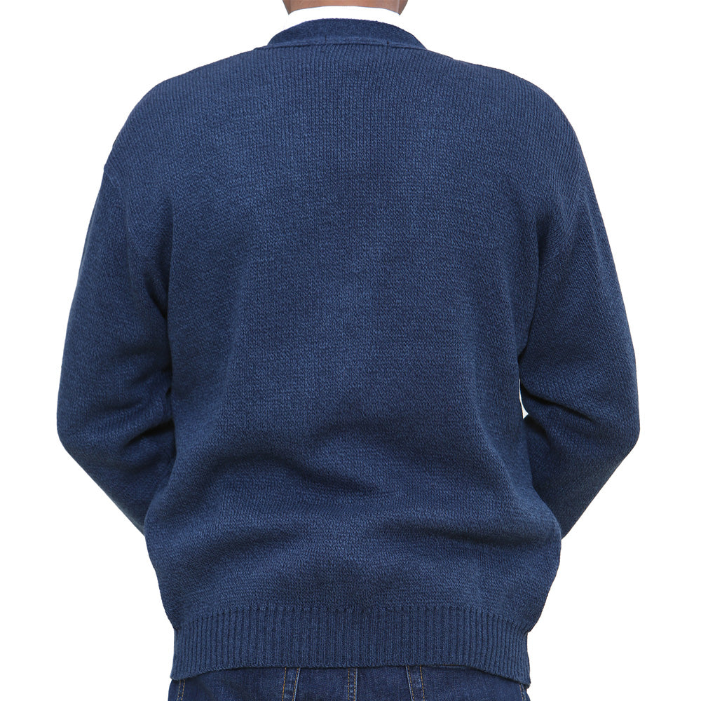 Mens Classic Style Button Cardigan With Diamond Print In Navy - Brooklyn Direct UK