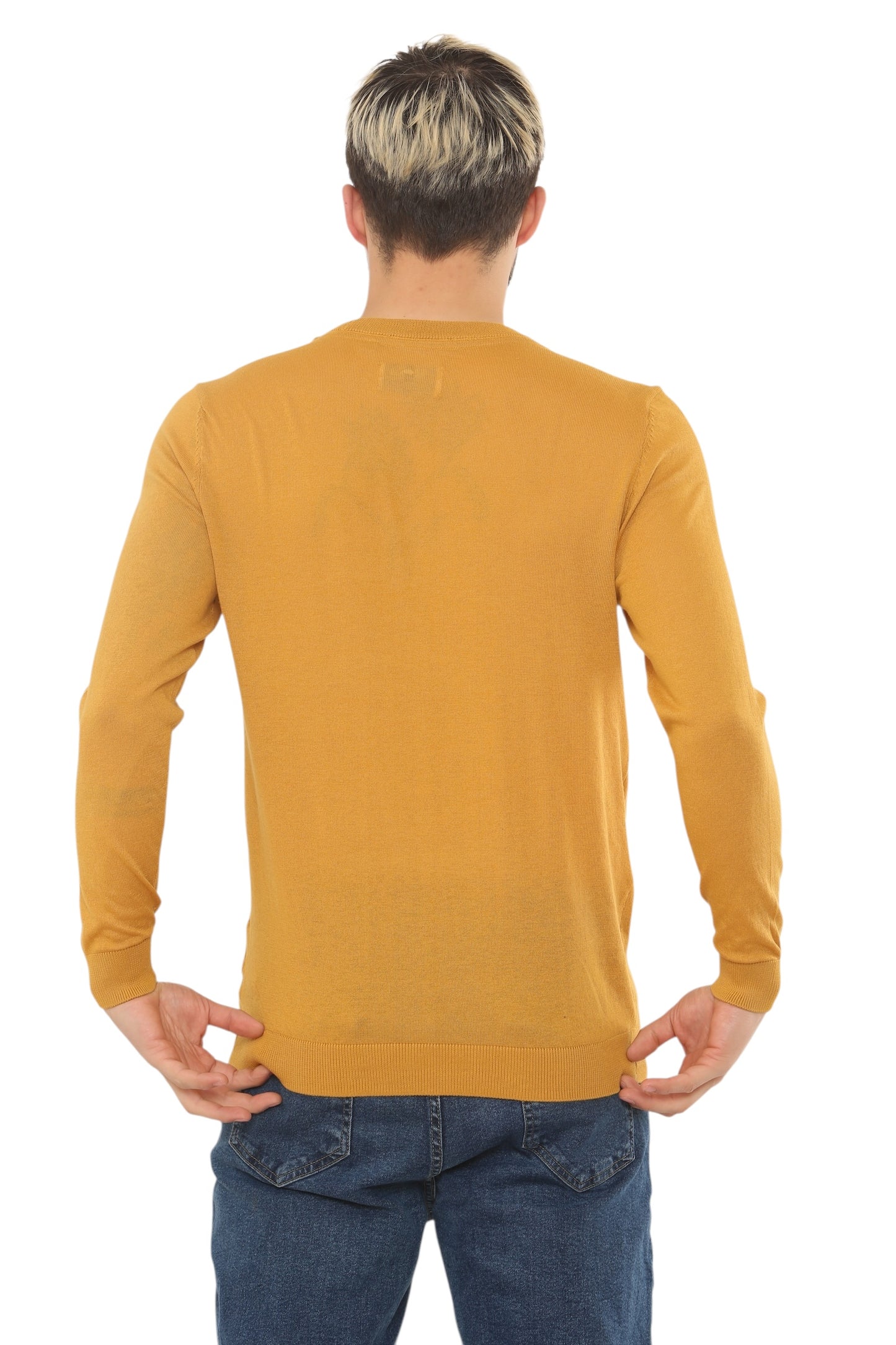 Mens Lightweight Round Neck Jumper Classic Fit - Mustard - Brooklyndirect