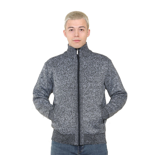 'Brae' Full ZIP Checkered Fleece Lined Plain Cardigan - Charcoal Marl
