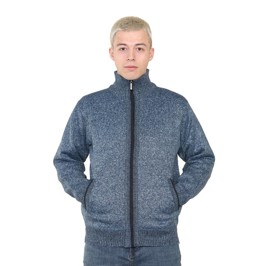 'Brae' Full ZIP Checkered Fleece Lined Plain Cardigan - Navy Marl