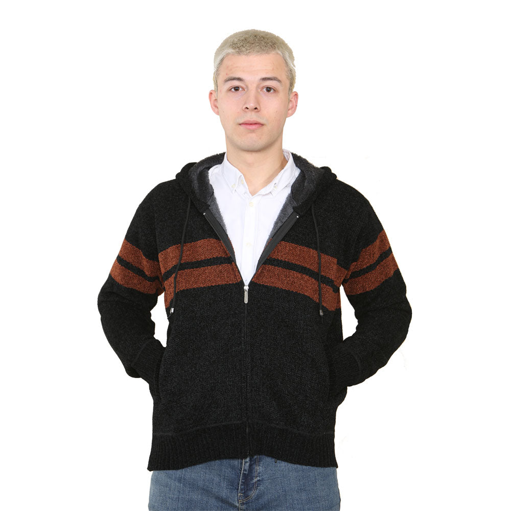 'Brannigan' Full ZIP Fleece Lined Cardigan - Coffee Stripe - Brooklyndirect