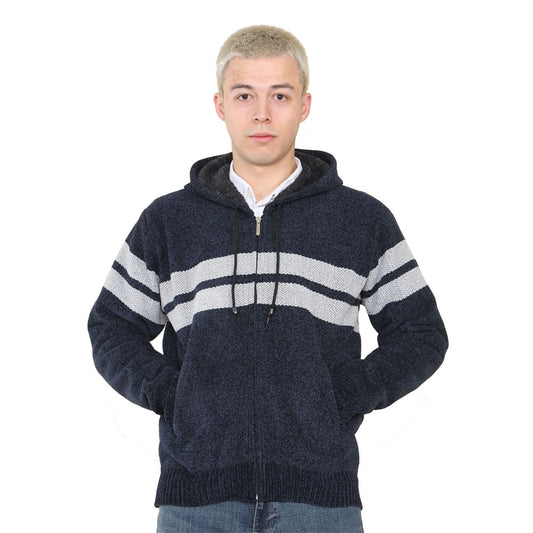 'Brannigan' Full ZIP Fleece Lined Cardigan - Navy/Silver Stripe