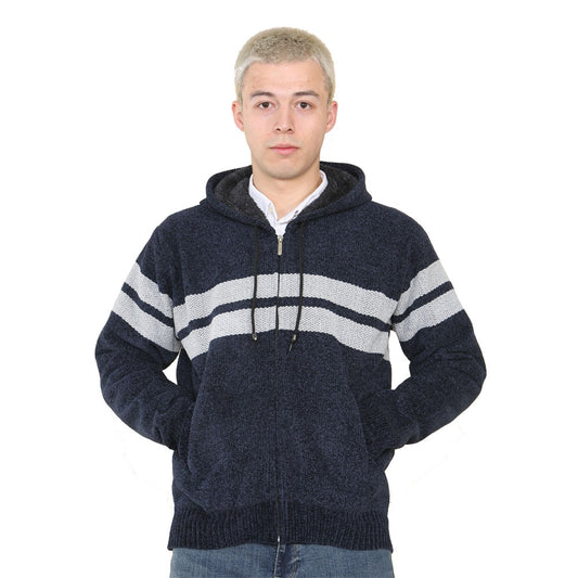 'Brannigan' Full ZIP Fleece Lined Cardigan - Navy/Silver Stripe - Brooklyndirect