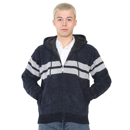 'Brannigan' Full ZIP Fleece Lined Cardigan - Navy/Silver Stripe - Brooklyndirect