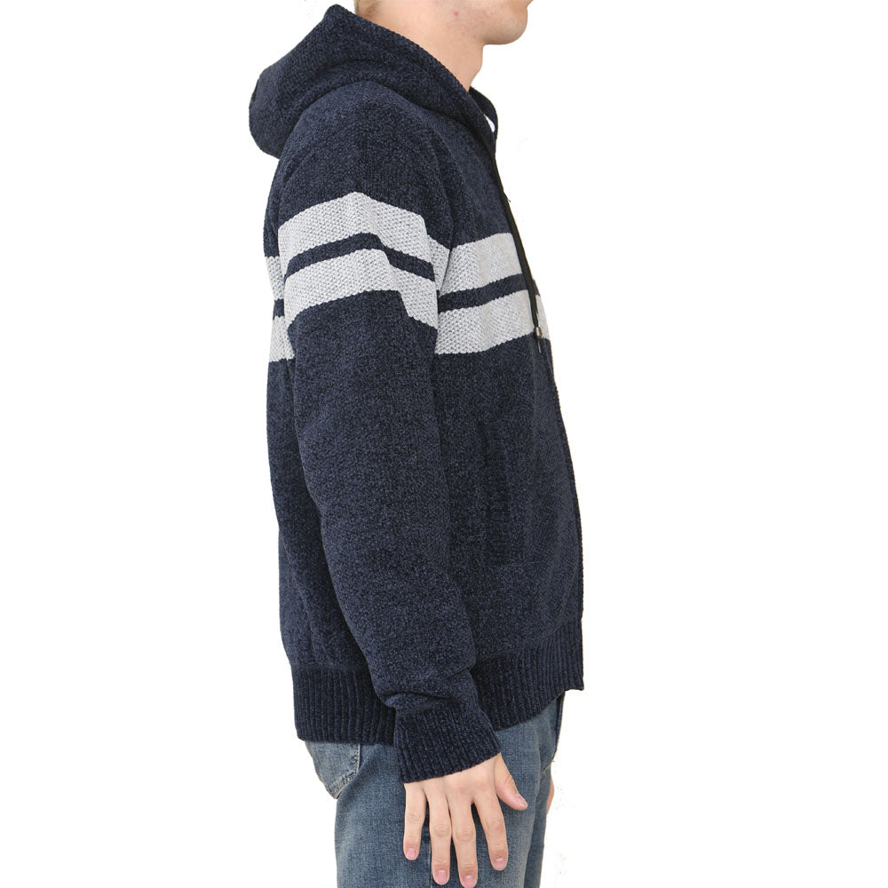 'Brannigan' Full ZIP Fleece Lined Cardigan - Navy/Silver Stripe - Brooklyndirect