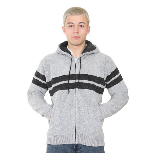 'Brannigan' Full ZIP Fleece Lined Cardigan - Silver/Charcoal Stripe