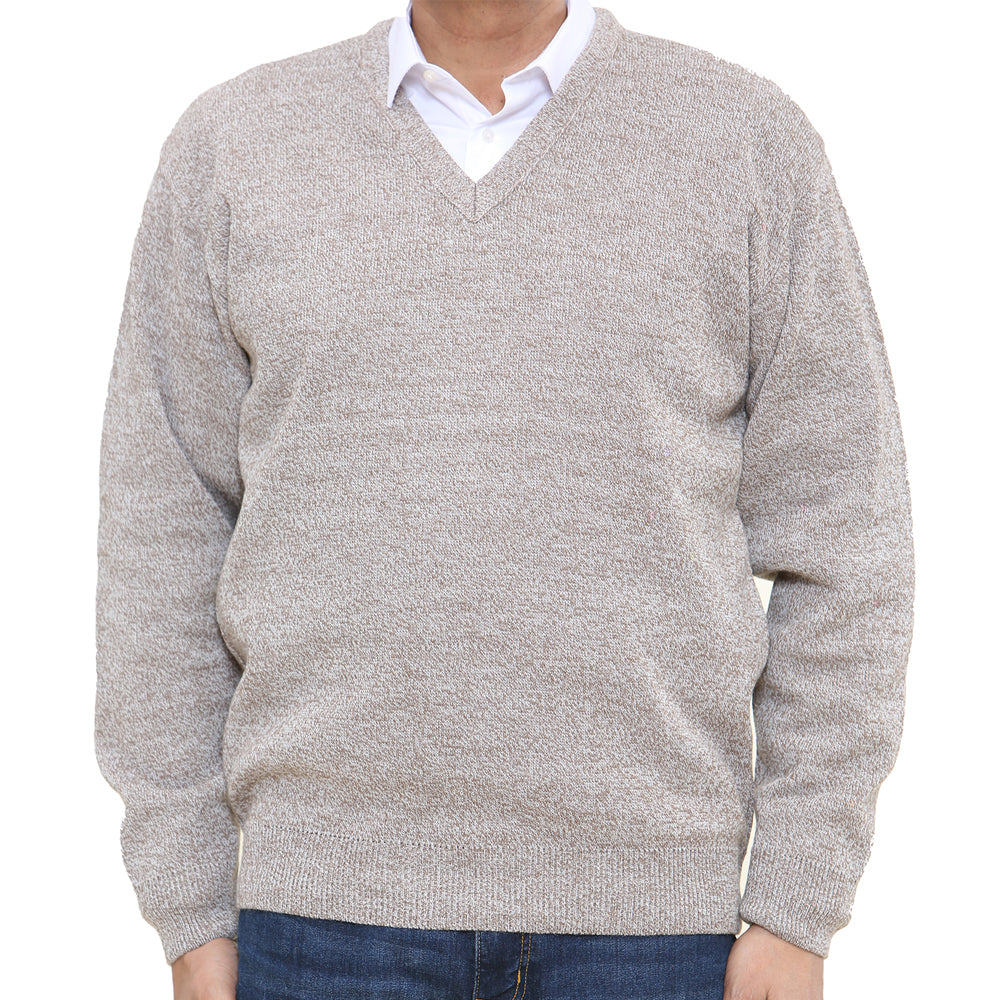mens classic style v-neck jumpers in marl colours long sleeve - beige