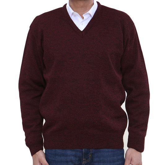 Classic Style Plain V Neck With Marl Pattern - Burgundy