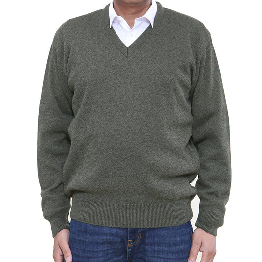 mens classic style v-neck jumpers in marl colours long sleeve - khaki green