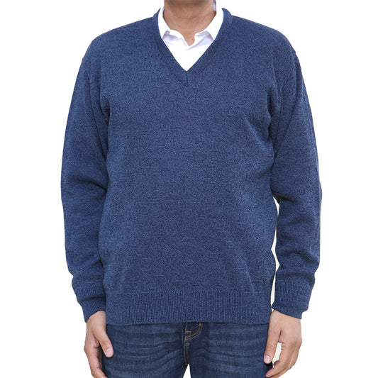 Classic Style Plain V Neck With Marl Pattern - Navy