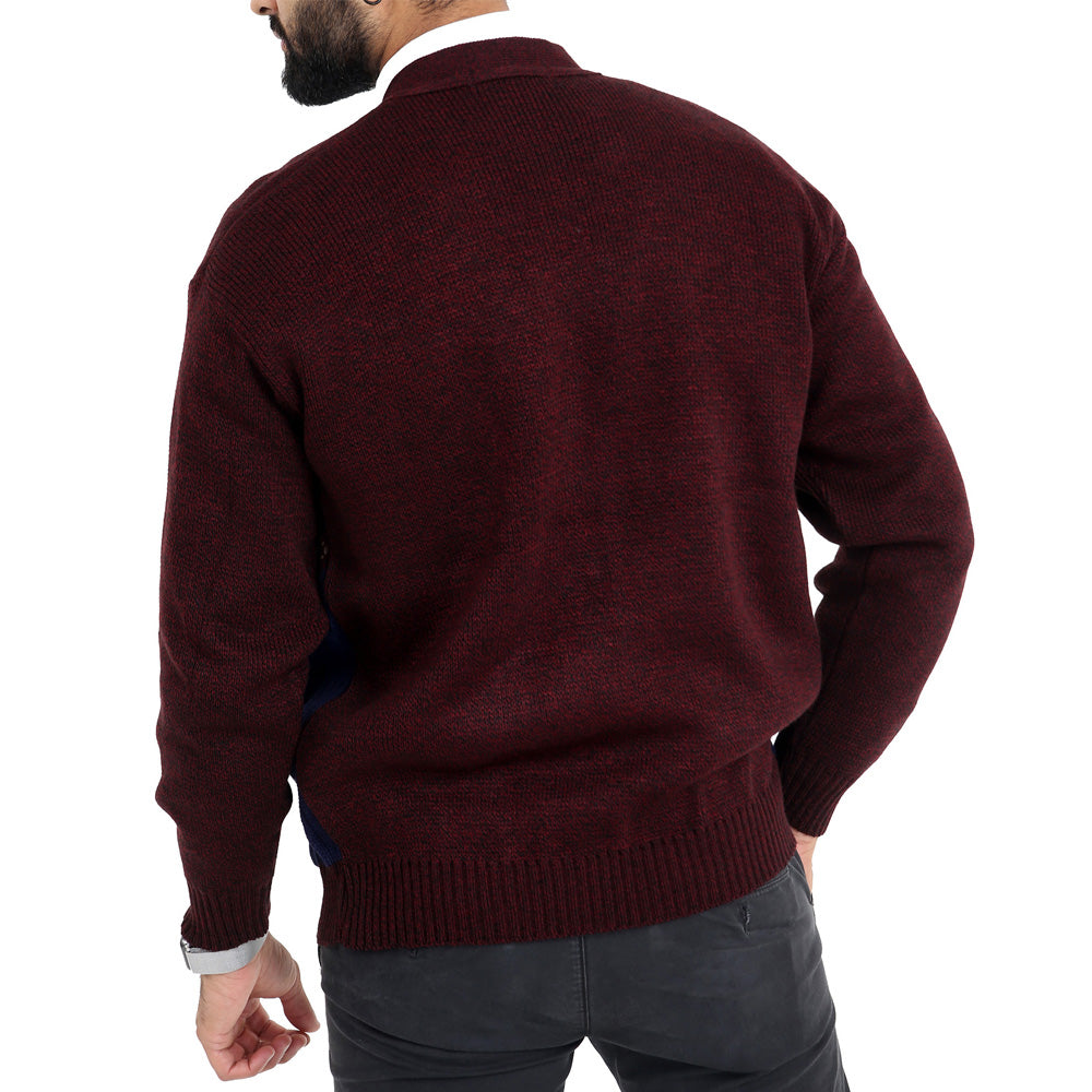 Louie James Rectangle Pattern Button Cardigan - Burgundy - Brooklyndirect