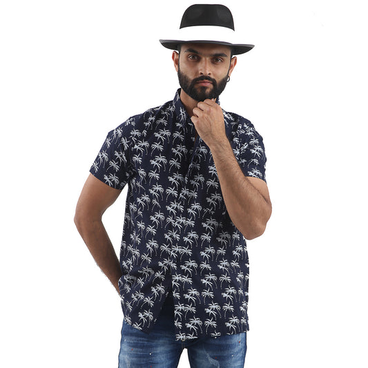 Hawaiian Button Down Casual Shirt - Small Palms Navy