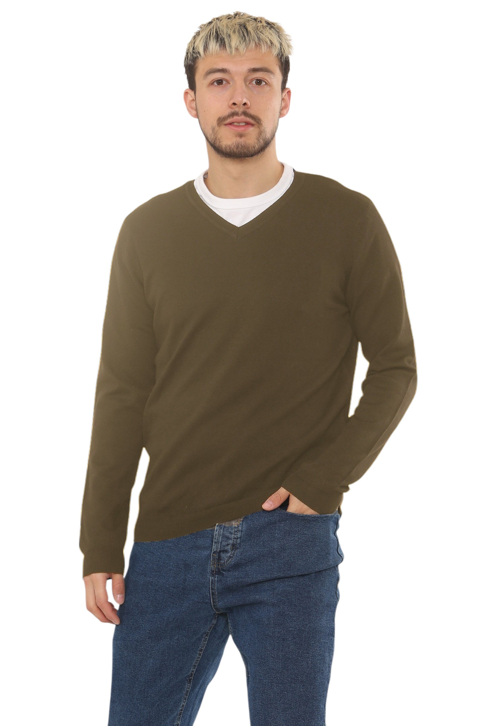 Lightweight Stretch V-Neck Sweater - Beige - Brooklyndirect