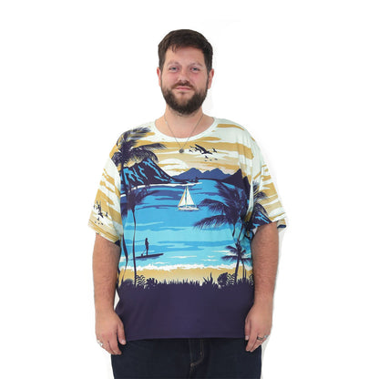 big size graphic print t-shirt short sleeve top in 2xl 3xl 4xl 5xl 6xl - paradise beach scene print