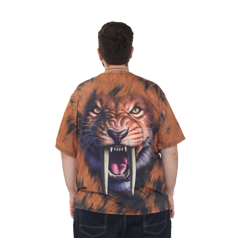 big size graphic print t-shirt short sleeve top in 2xl 3xl 4xl 5xl 6xl - sabre tooth tiger print