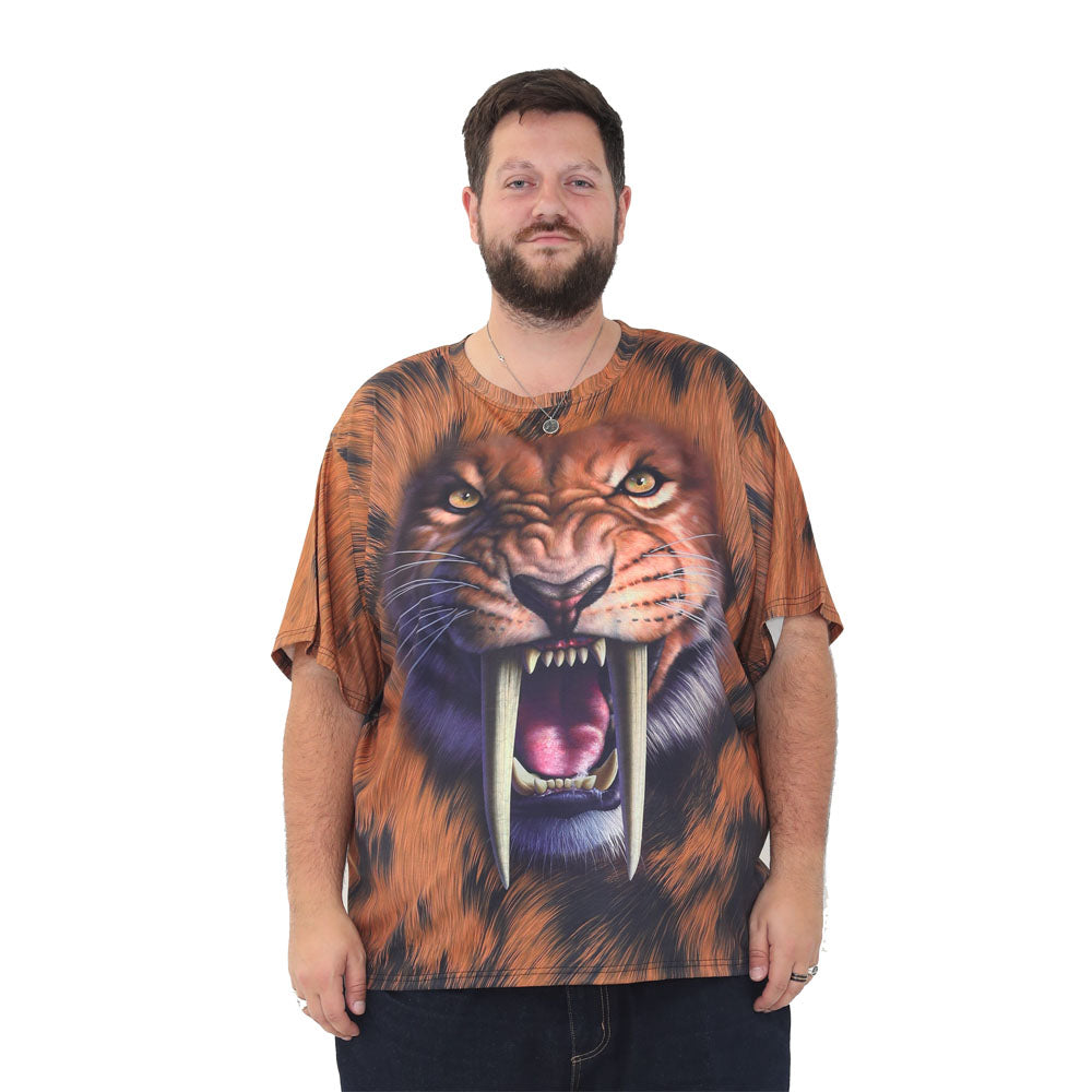 big size graphic print t-shirt short sleeve top in 2xl 3xl 4xl 5xl 6xl - sabre tooth tiger print