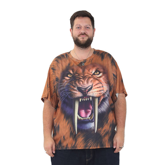 big size graphic print t-shirt short sleeve top in 2xl 3xl 4xl 5xl 6xl - sabre tooth tiger print