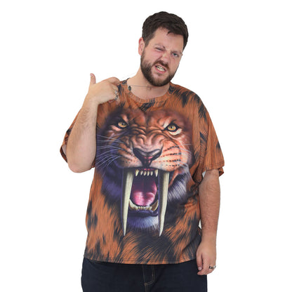 big size graphic print t-shirt short sleeve top in 2xl 3xl 4xl 5xl 6xl - sabre tooth tiger print