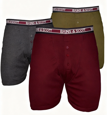 Big size boxer shorts with button fly Burgundy/Olive/Charcoal (Pack of 3)