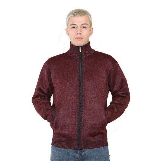 'Brae' Full ZIP Checkered Fleece Lined Plain Cardigan - Burgundy Marl - Brooklyndirect