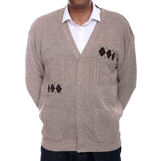 Mens Classic Style Button Cardigan With Diamond Print In Beige - Brooklyn Direct UK