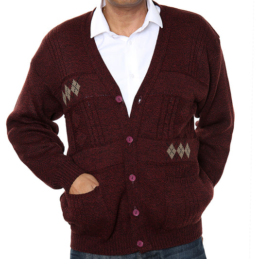 Mens Classic Style Button Cardigan With Diamond Print In Burgundy - Brooklyn Direct UK