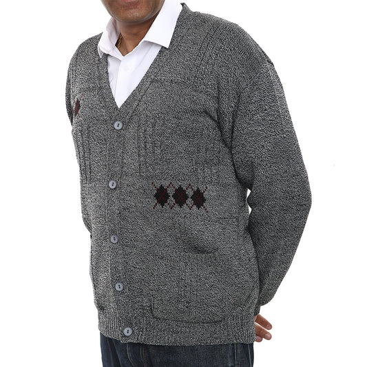 Mens Classic Style Button Cardigan With Diamond Print In Charcoal - Brooklyn Direct UK
