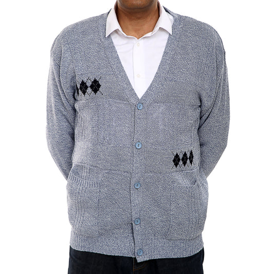 Mens Classic Style Button Cardigan With Diamond Print In Denim Blue - Brooklyn Direct UK