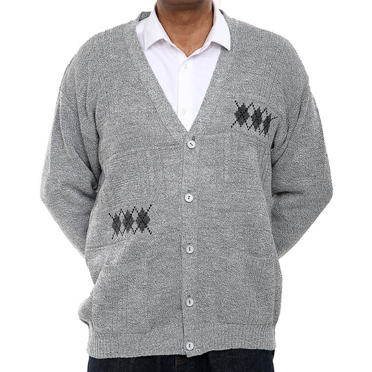 Mens Classic Style Button Cardigan With Diamond Print In Grey - Brooklyn Direct UK