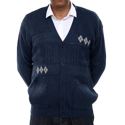Mens Classic Style Button Cardigan With Diamond Print In Navy - Brooklyn Direct UK