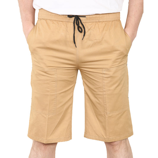 mens classic style cargo shorts with side pockets and drawstring waist - Khaki beige