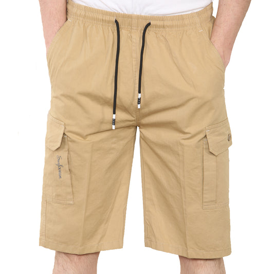 mens classic style cargo shorts with side pockets and drawstring waist - Khaki beige