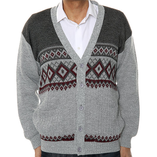 Mens Classic Style Button Cardigan With Diamond Print In Grey - Brooklyn Direct UK