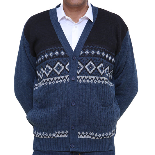 Mens Classic Style Button Cardigan With Diamond Print In Navy - Brooklyn Direct UK