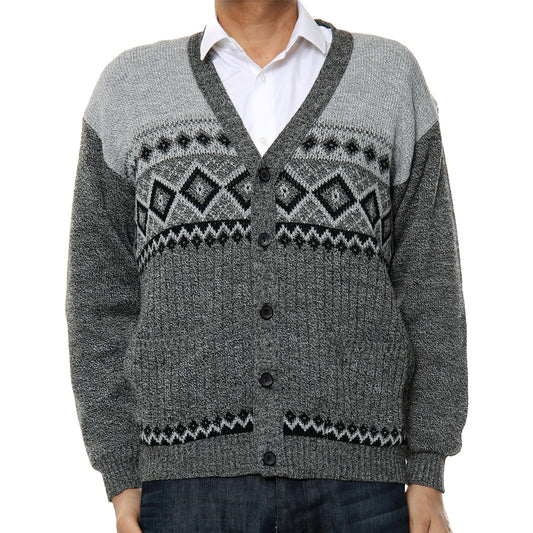 Mens Classic Style Button Cardigan With Diamond Print In Charcoal - Brooklyn Direct UK