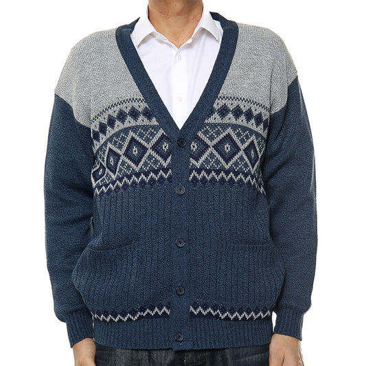 Mens Classic Style Button Cardigan With Diamond Print In Navy - Brooklyn Direct UK