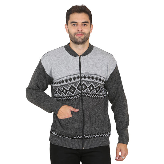 Mens Classic Style Argyle Diamond Print ZIP Up Gentlemans Cardigan In Charcoal - Brooklyn Direct UK