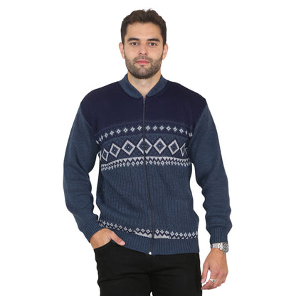 Mens Classic Style Argyle Diamond Print ZIP Up Gentlemans Cardigan In Navy - Brooklyn Direct UK