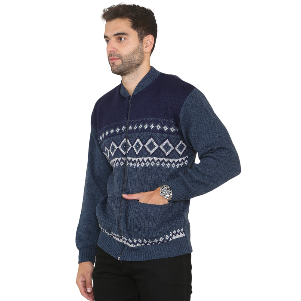 Mens Classic Style Argyle Diamond Print ZIP Up Gentlemans Cardigan In Navy - Brooklyn Direct UK