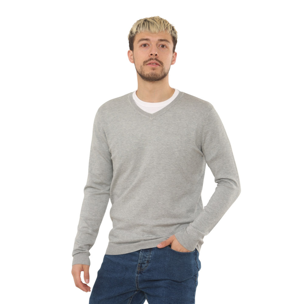 Lightweight Stretch V-Neck Sweater - Grey - Brooklyndirect