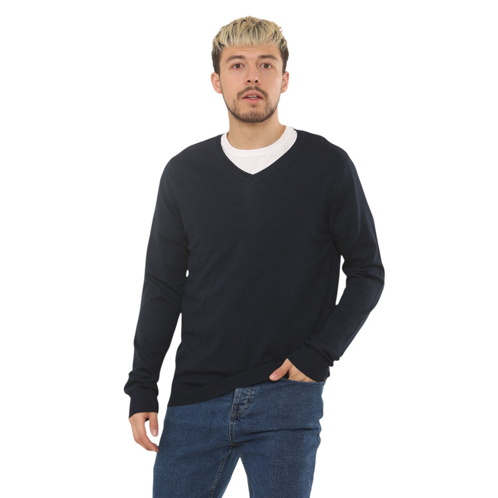 Lightweight Stretch V-Neck Sweater - Navy - Brooklyndirect