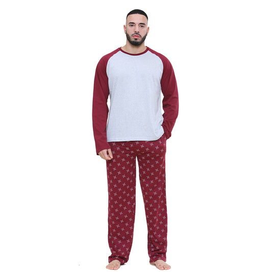 Mens Pyjama Set - Grey/Burgundy (Long Sleeve)