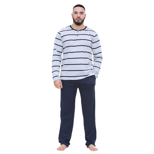 Mens Pyjama Set - Grey/Navy Stripe (Long Sleeve)