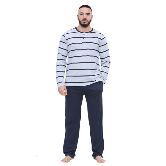 mens classic style regular size pyjama pajama set - grey with navy stripe